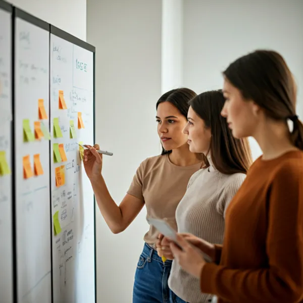 Team collaborating on agile board with sticky notes